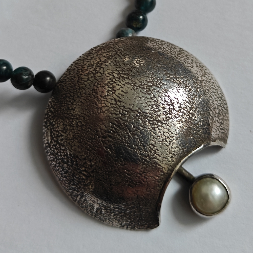 Modernist Sterling Silver and Genuine Apatite Beads Necklace Signed - Picture 7 of 15